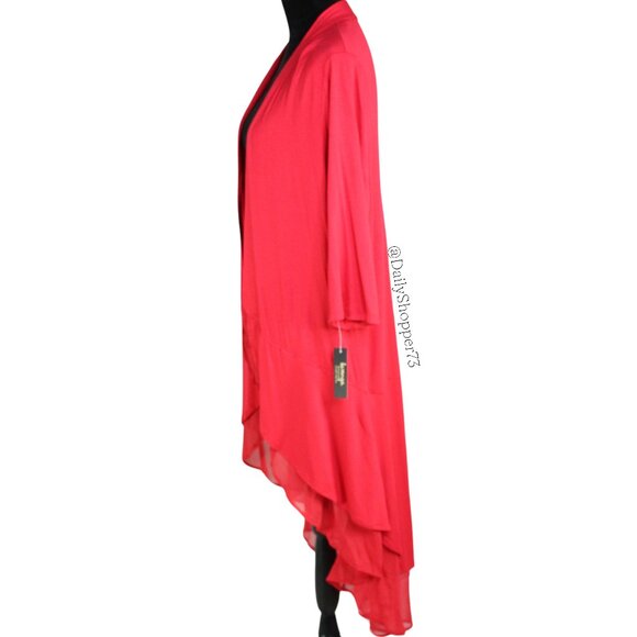 La Vanya Women's Red Rayon Blend Chiffon Double Layer 1/2 Sleeve Duster Cardigan - Picture 2 of 5